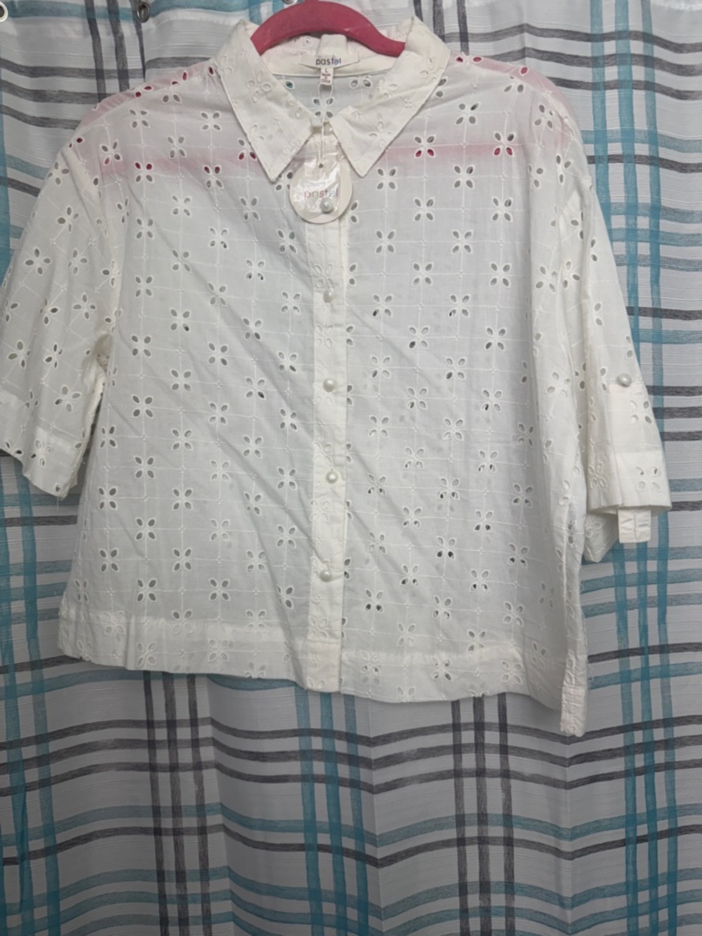 Pastels White Eyelet Button-Down Short Sleeve Shirt